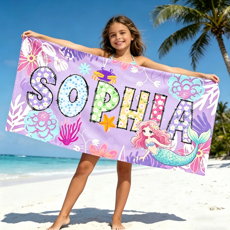 Personalized Mermaid Beach Towel Custom Name Purple Ocean Coral Starfish Seashell Summer Gift for Girls