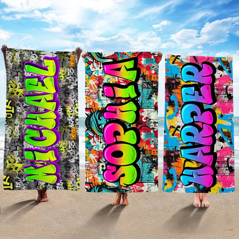 Personalized Stylish Graffiti Oversized Quick Dry Beach Towel with Name Beach Party Travel Essentials Birthday Gift for Kids Family