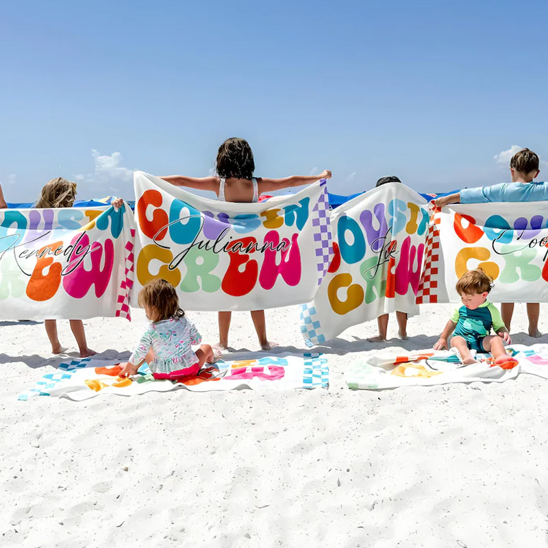 Personalized Kids Beach Towel Custom Name Colorful Summer Pool Sand Play Gift for Boys and Girls