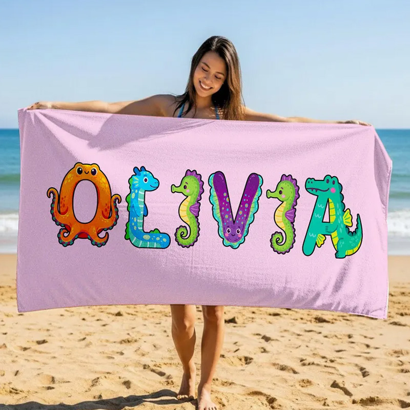 Personalized Name Beach Towel Custom Colorful Letters Pink Background Summer Pool Gift for Kids and Adults