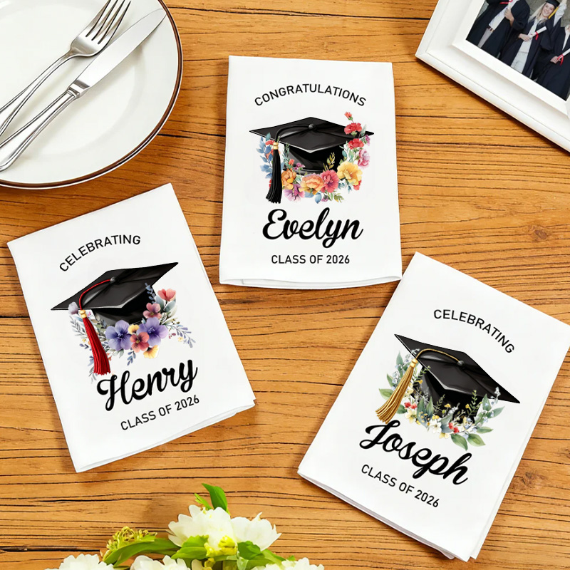 Personalized Birth Flower Graduation Cotton Napkin Custom Name Class of 2026 Floral Cap Gift for Graduates Party Table Decor