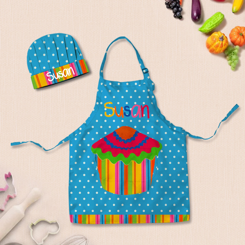 Personalized Colorful Polka Dot Cake Adjustable Kid Apron Chef Hat Set with Pocket and Name for Cooking Baking Birthday Holiday Gift for Kids