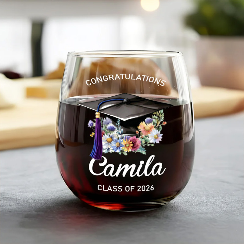 Personalized Graduation Birth Flower Wine Glass Custom Name Class of 2026 Floral Cap Gift for Graduate Celebration