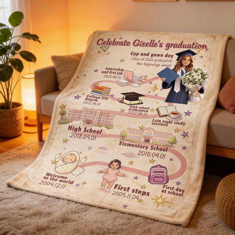 Personalized Graduation Blanket Custom Name and Photo Class of 2026 Timeline of Life Journey Milestone Gift for Graduate
