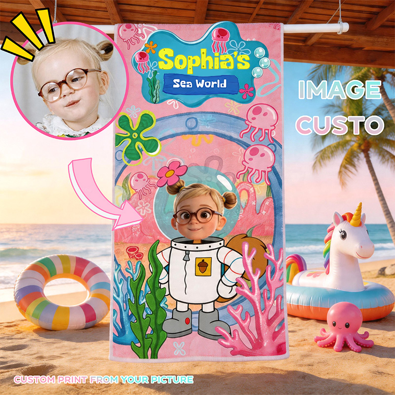 Personalized Kids Beach Towel Custom Name Photo Towel Cute Ocean Theme Swim Pool Gift For Girls Boys
