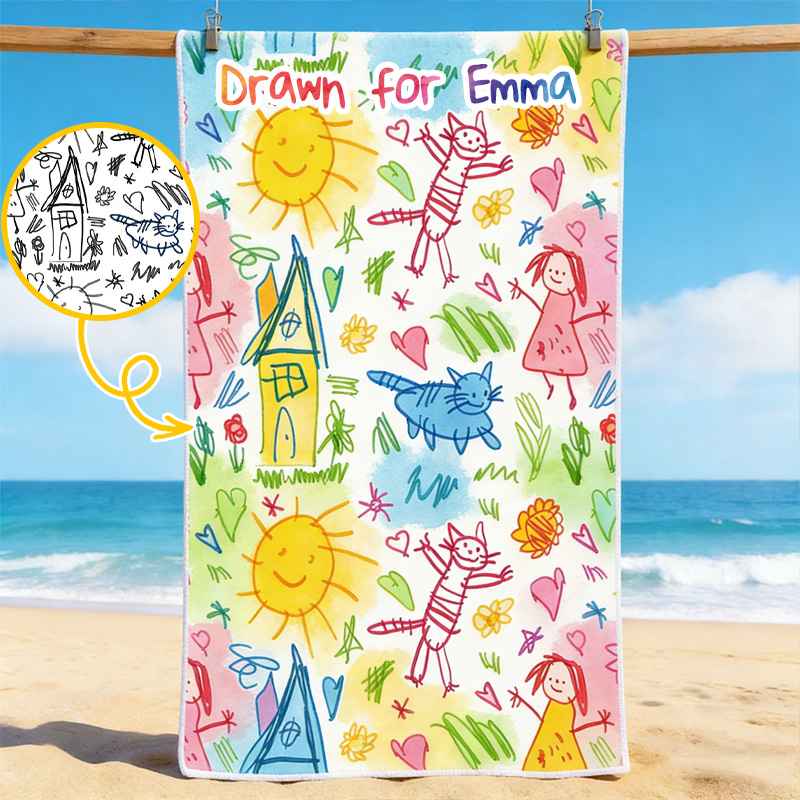 Personalized Kids Drawing Beach Towel Custom Name Hand Drawn Style Towel Gift For Girls Boys