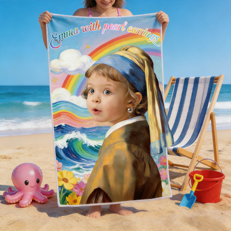 Personalized Kid Photo Lovely Art Inspired Kids Beach Towel Kid With Pearl Earrings Ocean Flowers Rainbow Scene