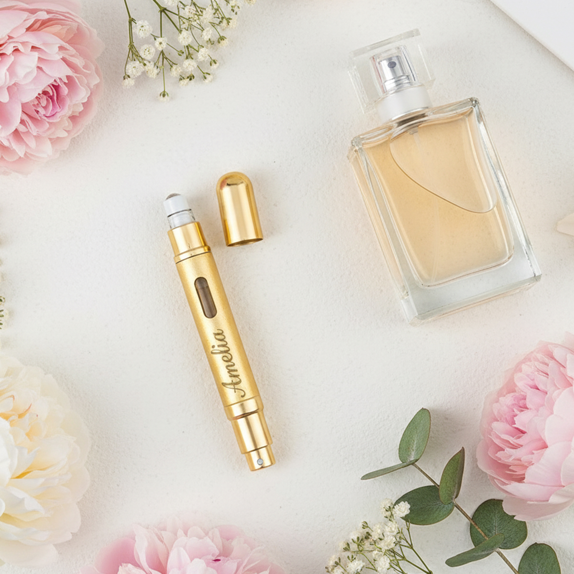 Personalized Perfume Atomizer Bottle Custom Name 2 in 1  Spray and Roller Design 12 ml Portable Travel Refillable Glass Aluminum Bottle