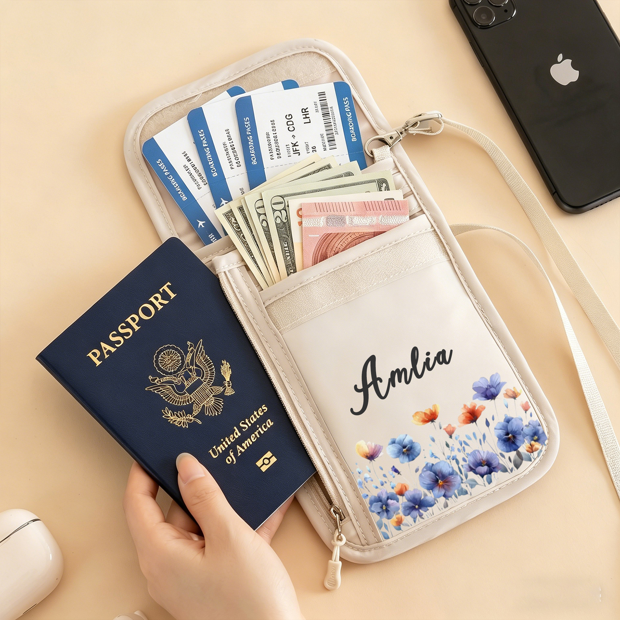 Personalized Waterproof Passport Crossbody Bag Custom Name and Birth Flower Travel Organizer with Modular Storage Adjustable Strap  Wallet Gift for Traveler