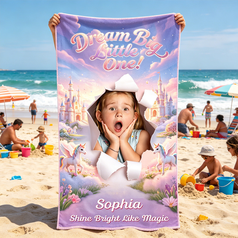 Personalized Kids Beach Towel Custom Name Dino Adventure And Fairytale Magic Castle Gift For Boys And Girls