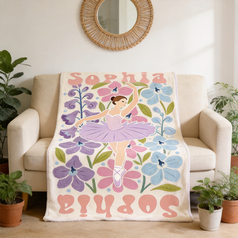 Personalized Birth Flower Ballerina Blanket Custom Name Dance Gift For Girls Floral Ballet Theme Cozy Soft Fleece Throw