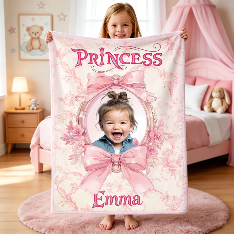 Personalized Princess Blanket Custom Name Pink Bow Floral Theme Kids Gift Soft Cozy Fleece Throw Design