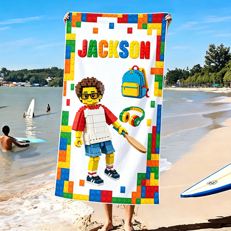 Personalized Building Blocks Beach Towel Custom Name Colorful Brick Theme Kids Gift Soft Quick Dry Design