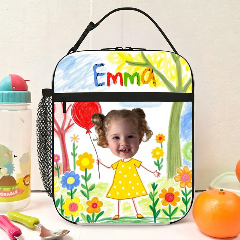 Personalized Hand Drawn Kids Lunch Bag Custom Name Colorful Crayon Art Style Cute Flowers Design