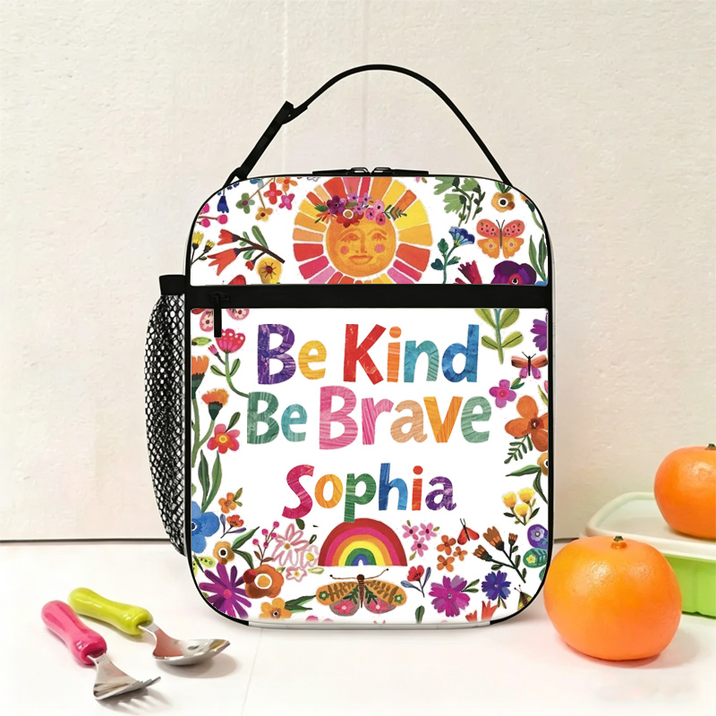 Personalized Boho Kids Lunch Bag Custom Name Colorful Floral Art Style Be Kind Be Brave Positive Quote