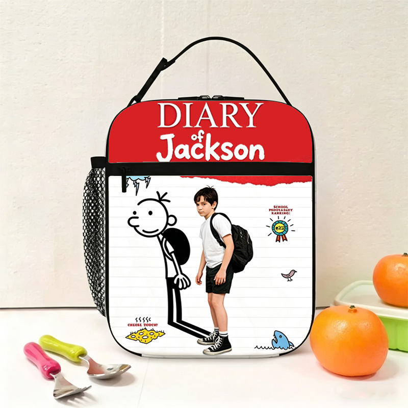 Personalized Kids Lunch Bag Custom Name and Photo Funny Cartoon Notebook Style Red Header School Humor Art Style