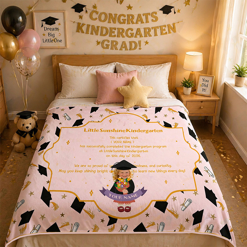 Personalized Kindergarten Graduation Blanket Custom Name and Photo Diploma Style Pink Gold Stars Cap And Gown Gift