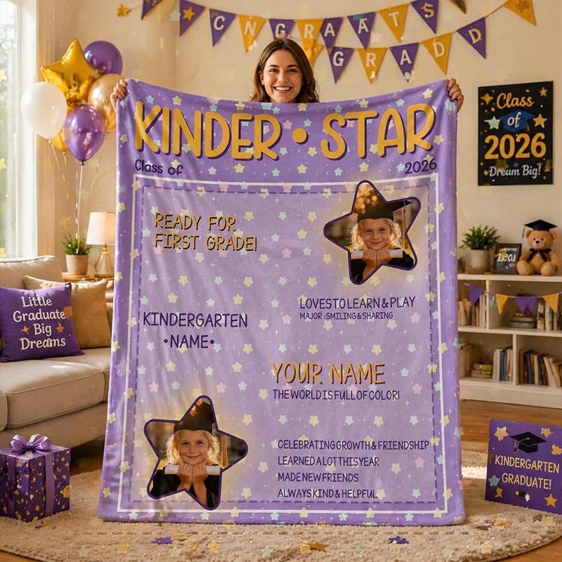 Personalized Graduation Blanket Custom Name Kinder Star Class Of 2026 Photo Memory Gift Keepsake