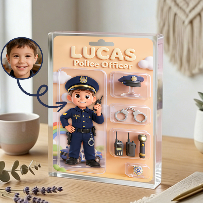 Personalized Police Officer Kid Acrylic Figure Custom Name Mini Law Enforcement Accessories Role Play Theme Decor Design