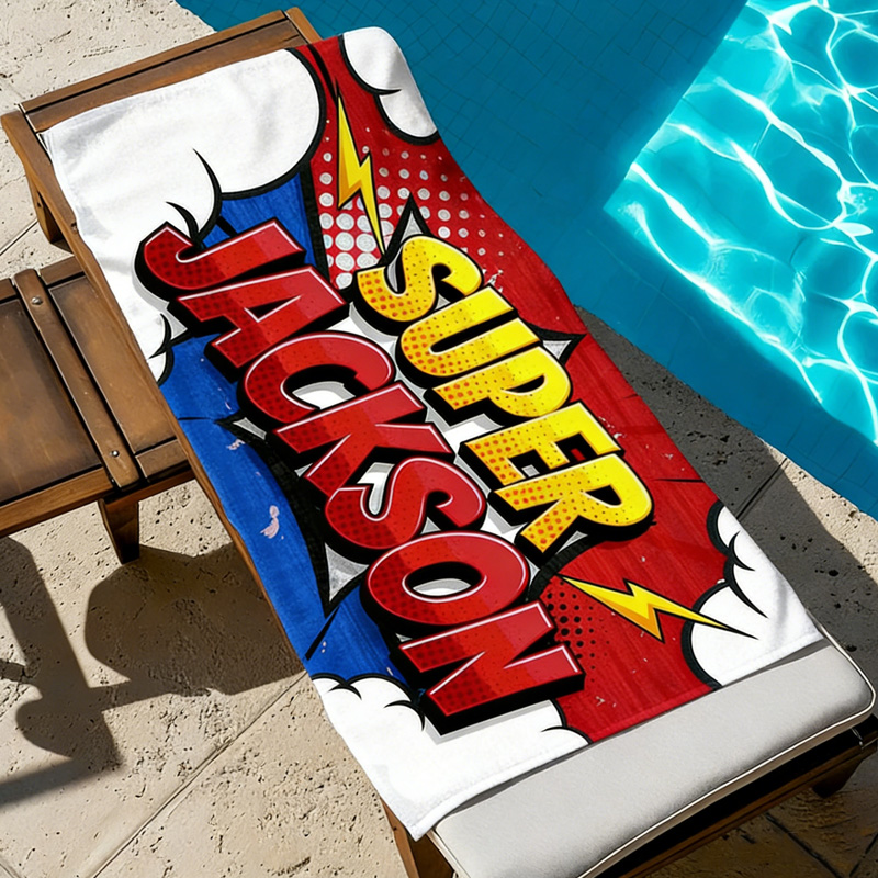Personalized Kids Superhero Beach Towel Super Kid's Name Custom Comic Book Style Towel For Boys Pool And Beach Adventures