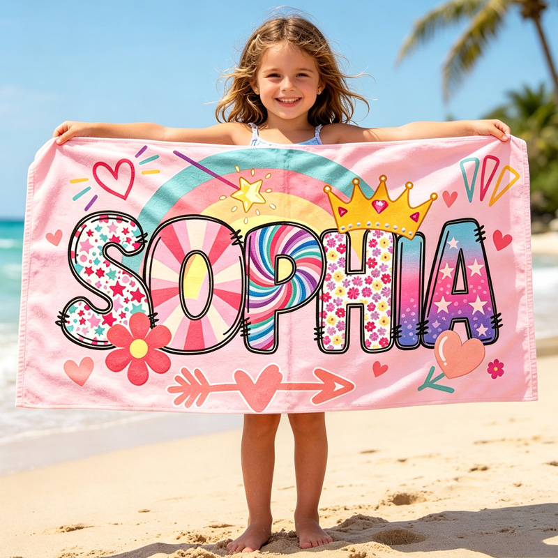 Personalized Princess Girls Name Beach Towel Custom Kids Pink Rainbow Towel For Pool And Summer Vacation Gift