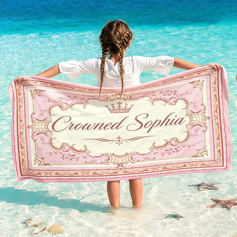 Personalized Princess Name Beach Towel Custom Pink Vintage Crown Towel For Girls Summer Pool And Vacation