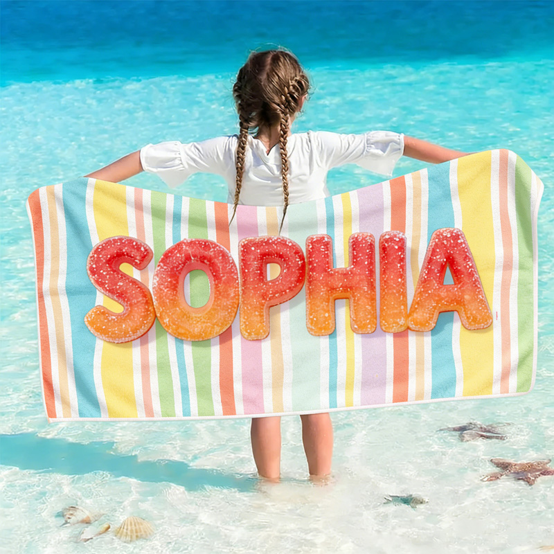 Personalized Gummy Candy Name Kids Beach Towel Rainbow Stripe Background Personalized Soft Pool Towel For Summer