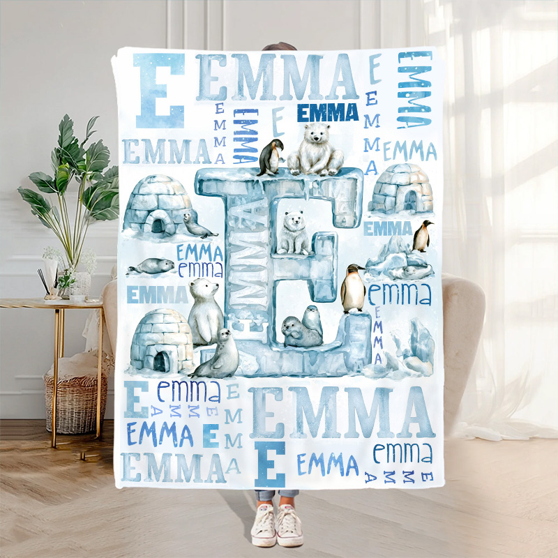 Personalized Arctic Adventure Kids Name Blanket With Polar Bears Penguins Igloos And Icy Letter 