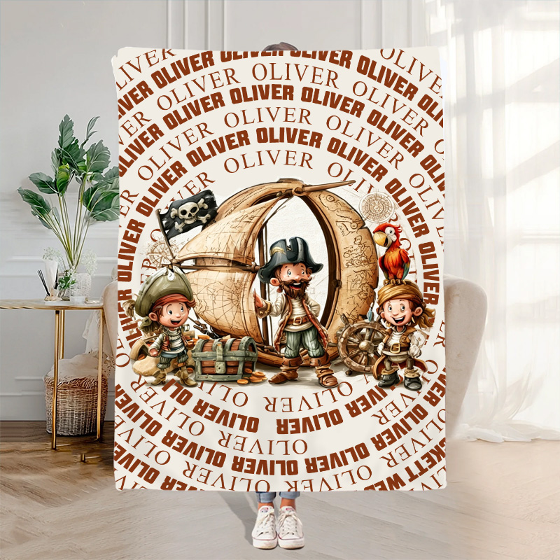 Personalized Pirate Adventure Kids Name Blanket With Ship Treasure Chest And Little Pirate Crew