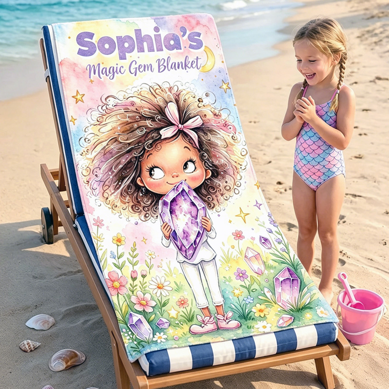 Personalized Cute Girl Holding Magic Birthstone Crystal In Pastel Fantasy Space Garden For Kids Beach Towel