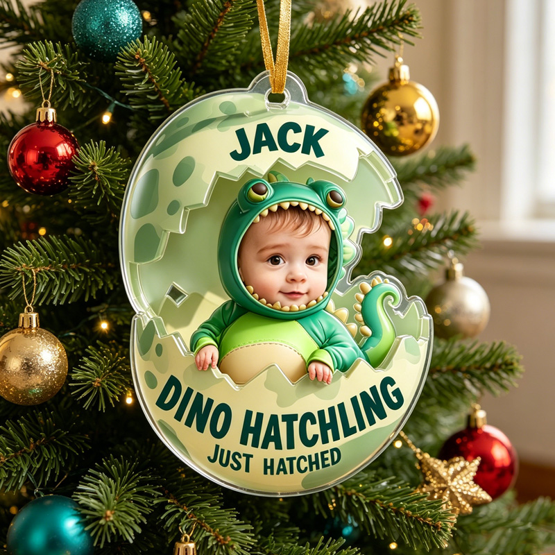 Personalized Dino Hatchling Baby In Cracked Dinosaur Egg With Jungle Background Cute Newborn Keepsake Holiday Ornaments