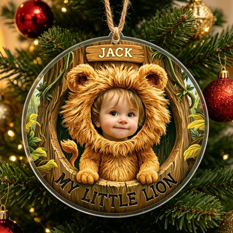 Personalized My Little Lion Baby In Furry Lion Costume With Jungle Forest Background Cute Nursery Keepsake Ornaments