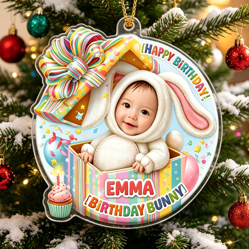 Personalized Birthday Bunny Baby In Gift Box With Rainbow Candy And Confetti Pastel Spring Celebration Ornaments