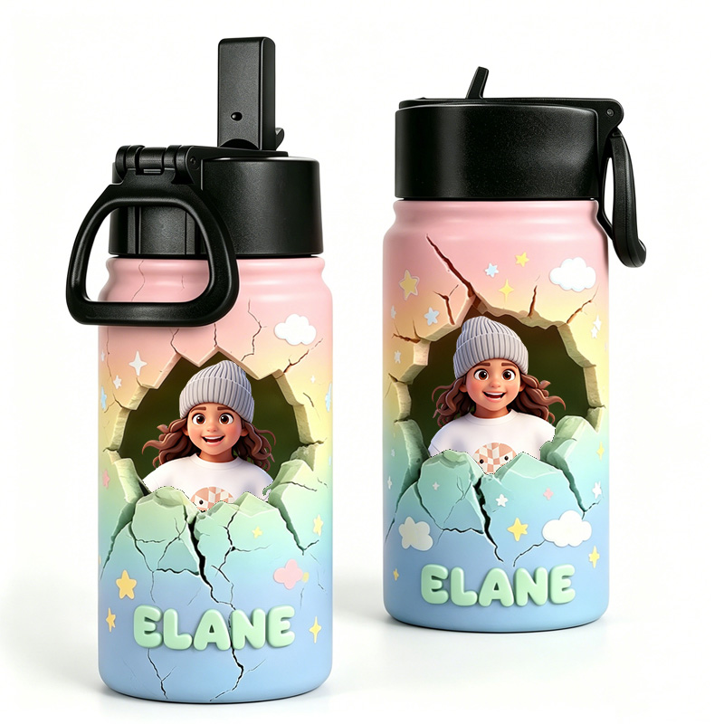 Personalized Name Photo Pastel Clouds Stars Kids Adventure Fantasy Breakthrough Art Water Bottle