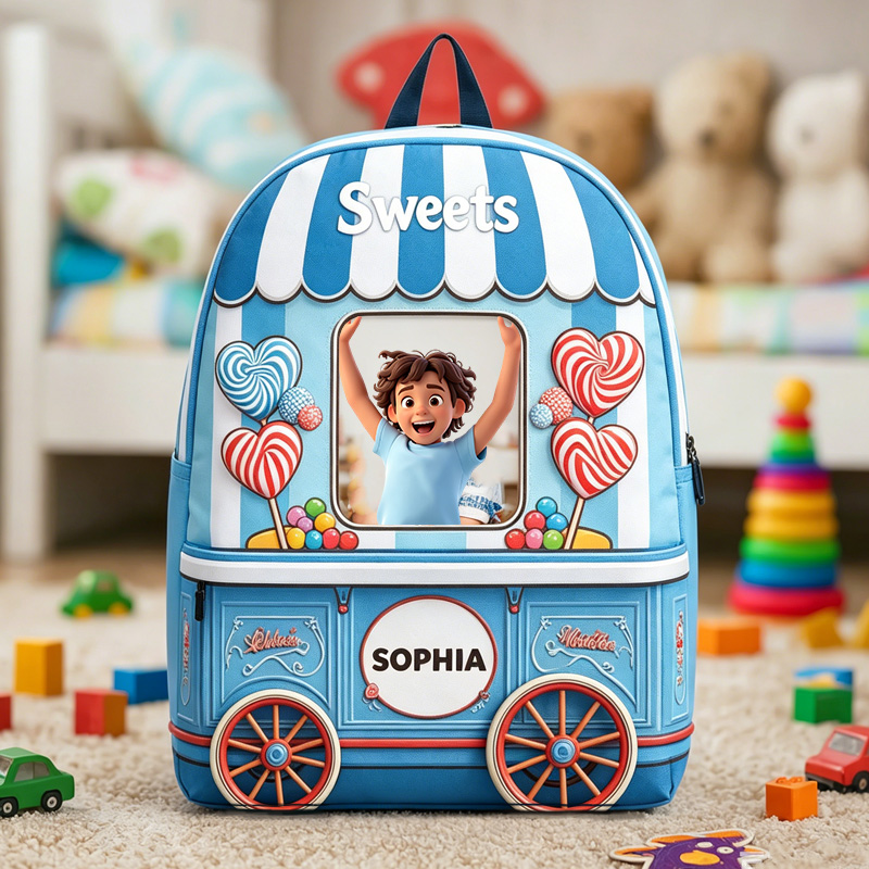 Personalized Lollipop Sweets Cart Photo Insert Kids Backpack