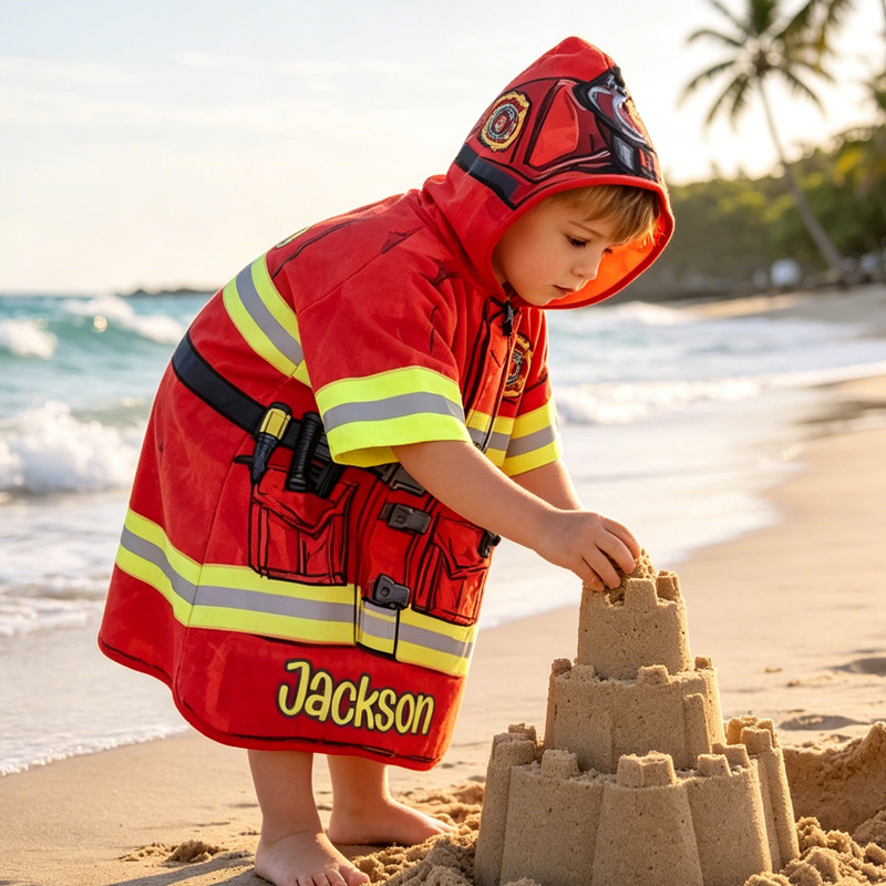 Personalized Firefighter Suit Helmet Hose Fire Rescue Truck Role Play Kids Swim Cover Up Quick Dry Hooded Beach Towel