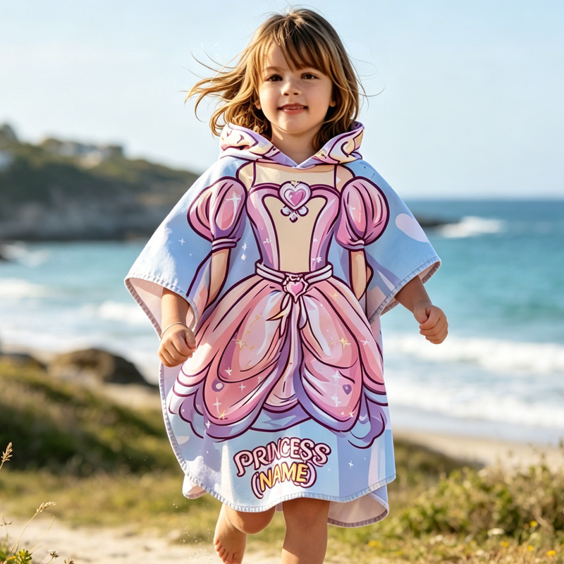 Personalized Fairy Princess Gown Crown Wings Magic Wand Castle Fantasy Kids Swim Cover Up Quick Dry Hooded Beach Towel