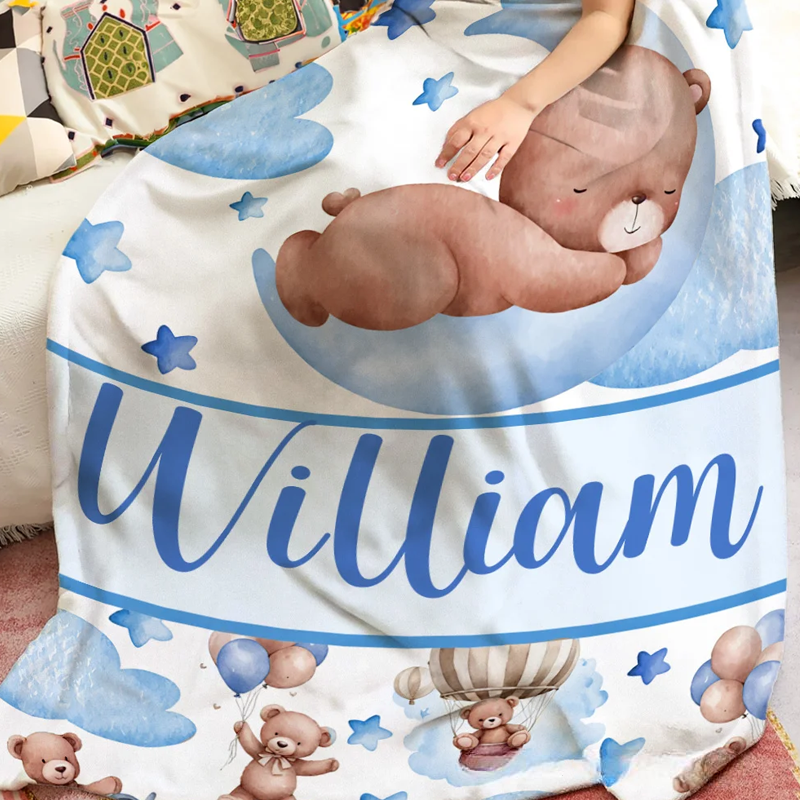 Personalized Sleeping Bear Cloud Moon Star Soft Throw Blanket with Name Home Decor Birthday Gift for Teenagers Kids