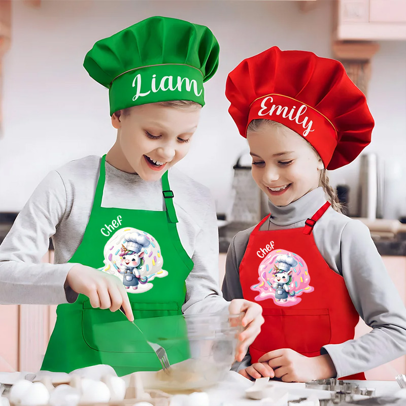 Personalized Kids Chef Apron And Hat Set Cute Animal Baking Cupcakes Pink Kitchen Cooking Gift For Girls and Boys