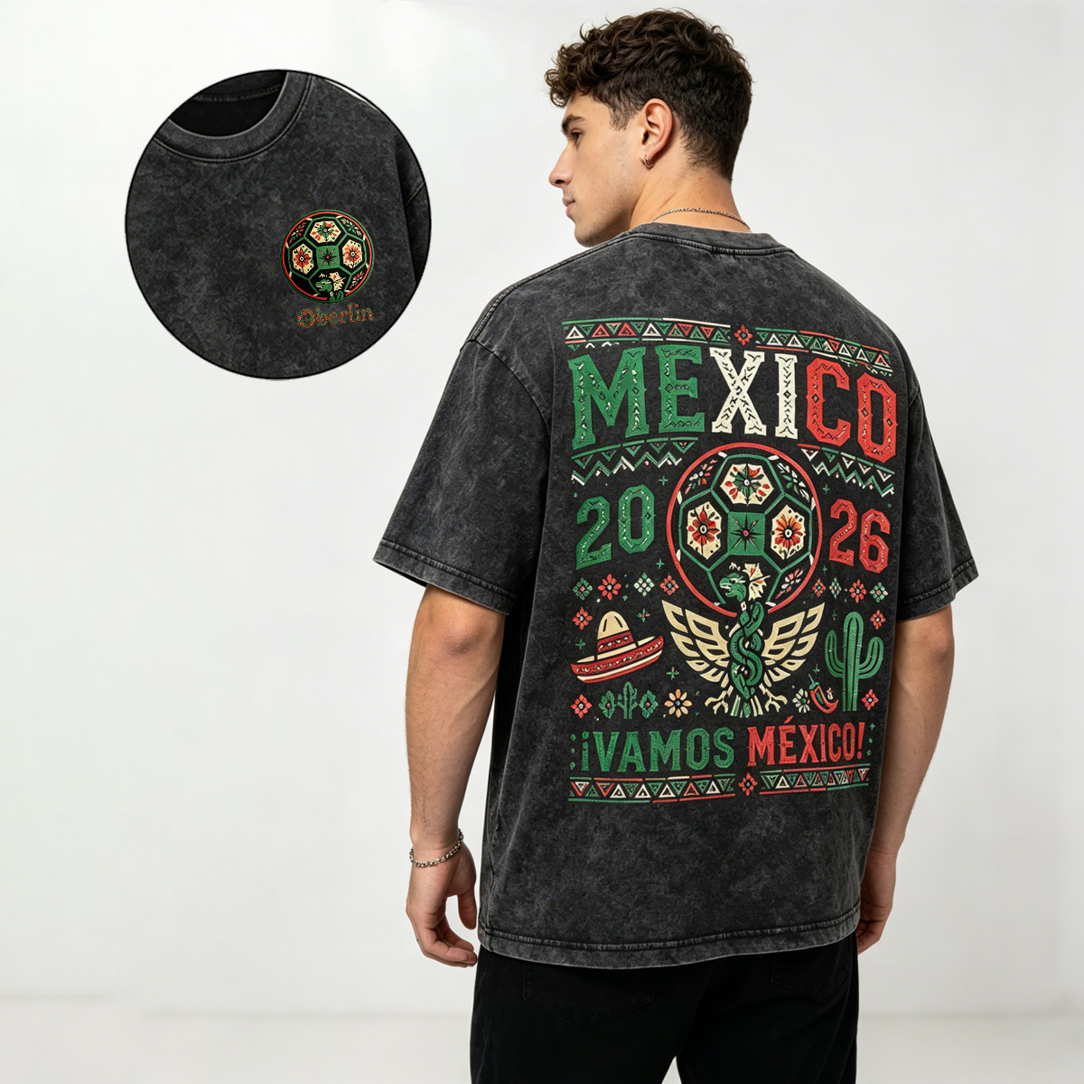 Personalized Vintage Mexico Football Washed T-shirt 2026 Ethnic Flavor for Mexico Fans
