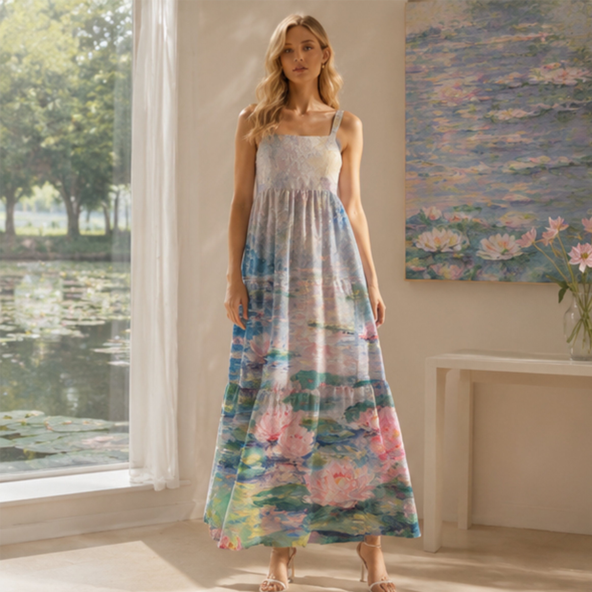 Oil Painting Water Lily Printed Maxi Dress