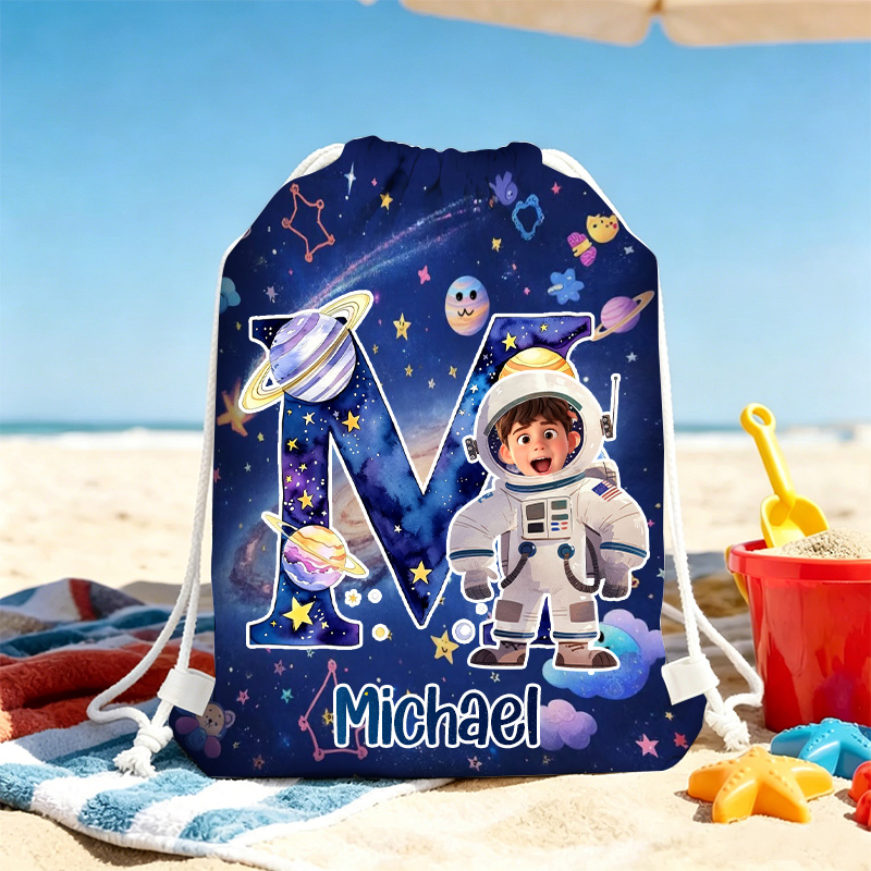 Personalized Astronaut Space Adventure Kids Name Print Backpack For Boys Girls Galaxy Theme Travel School Sports Drawstring Bag