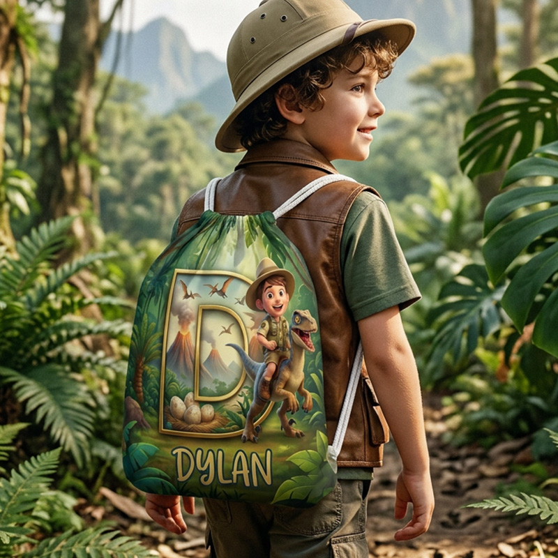 Personalized Jungle Explorer Adventure Kids Name Print Boys Girls Safari Backpack School Travel Drawstring Bag