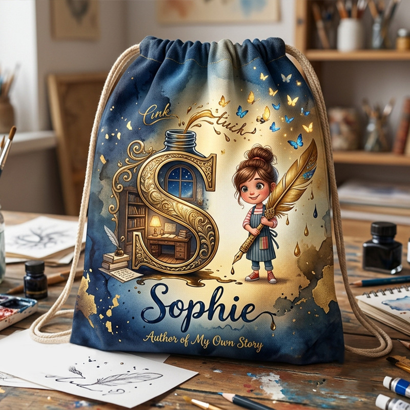 Personalized Magic Wizard Initial Name Print Kids Fantasy Spell Book Girl Boy School Library Drawstring Bag