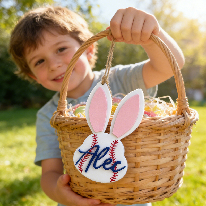 Personalized Baseball Easter Basket Tag Custom Name Bunny Label Gift for Kids on Easter Day