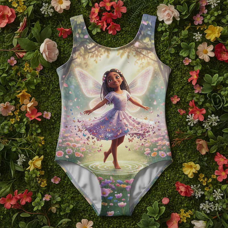 Personalized Fairy Princess Garden Wings Name Print Kids Magical Flower Meadow Summer Beach Children's Swimsuit