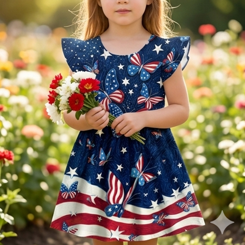 Personalized Patriotic Stars And Stripes USA Flag Print Girls Fourth Of July Red White Blue America 250th Anniversary Coquette Ruffle Dress