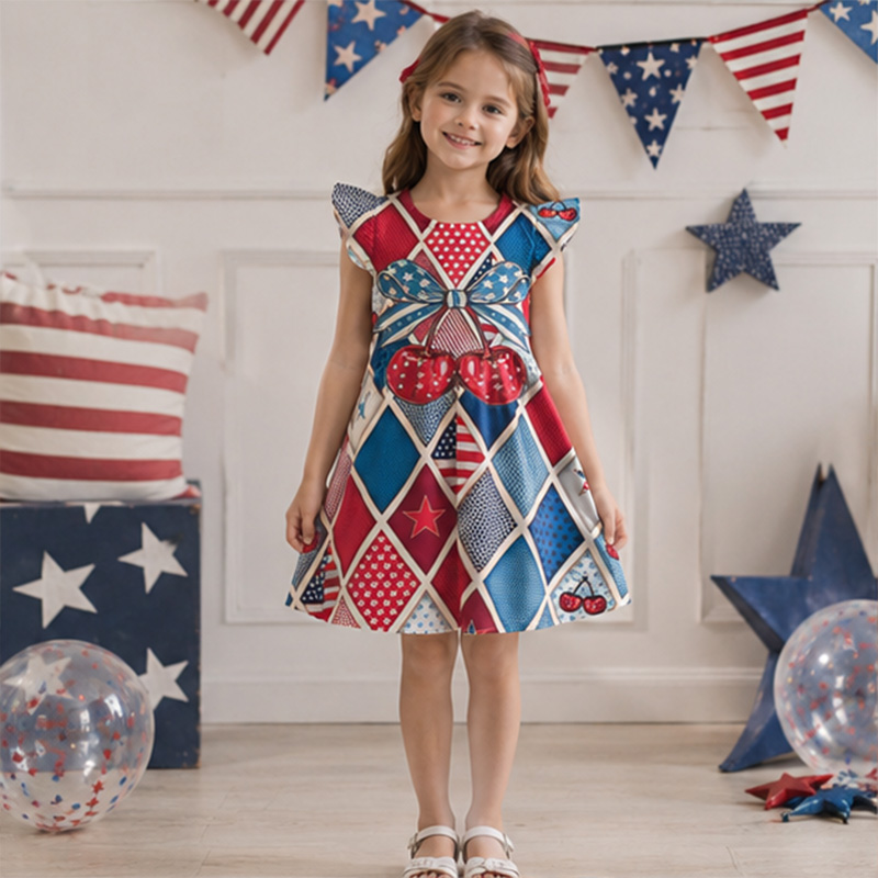 Personalized Patchwork Stars And Stripes USA Flag Red White Blue Plaid Girls Fourth Of July  America 250th Anniversary Coquette Ruffle Dress