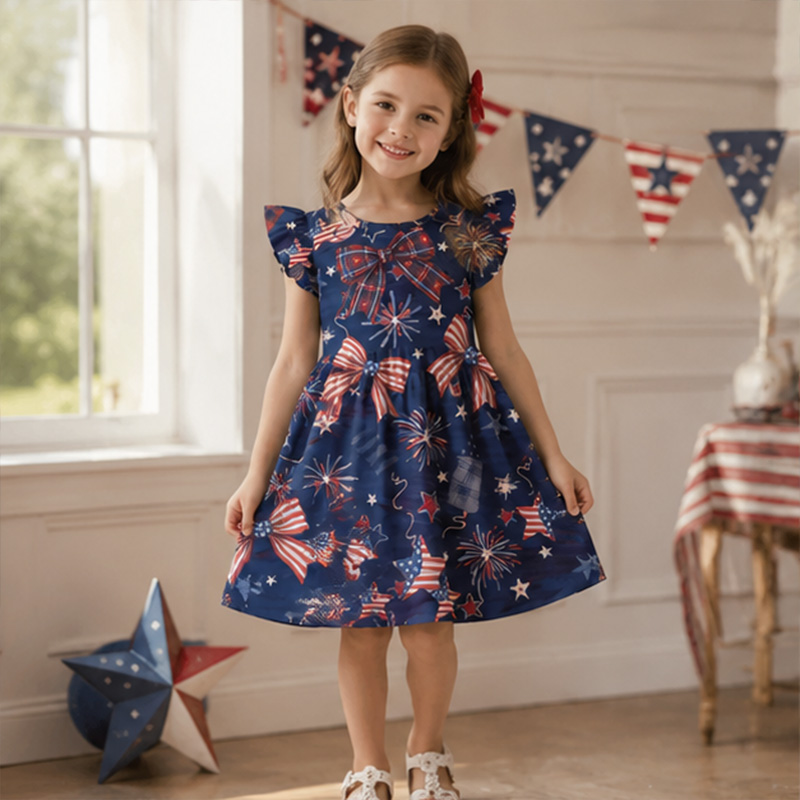 Personalized Patriotic Stars And Stripes USA Flag Print Girls Fourth Of July Red White Blue America 250th Anniversary Coquette Ruffle Dress