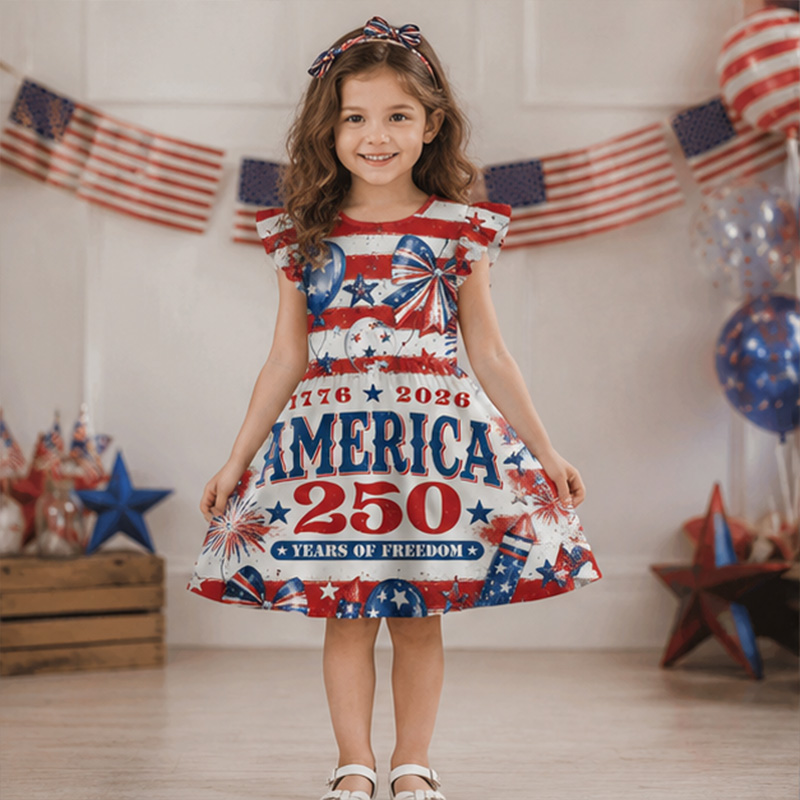 Personalized American Flag Fireworks Land Of The Free Red White Blue Girls Fourth Of July America 250th Anniversary Coquette Ruffle Dress